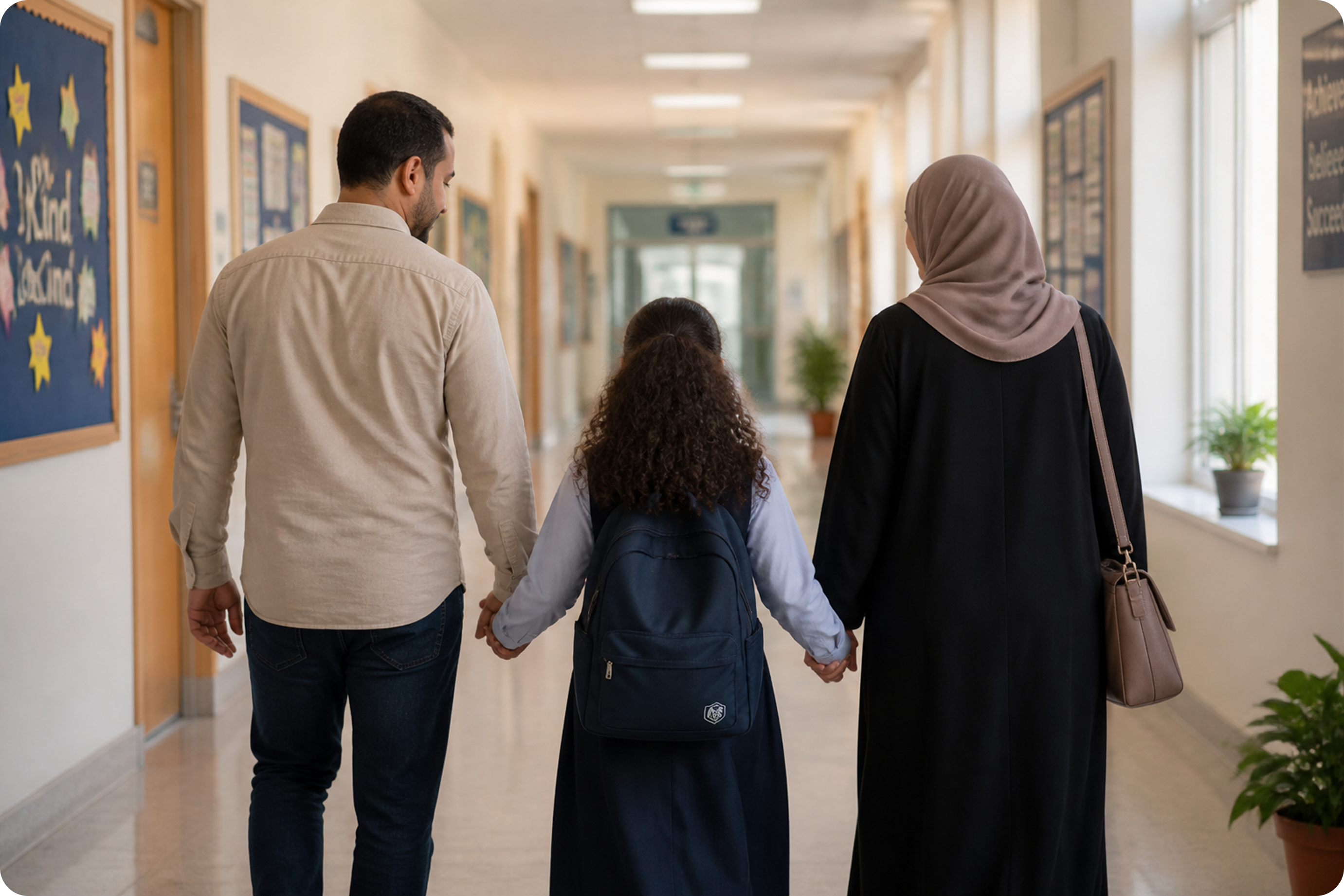 Family walking in school hallway